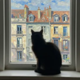 city seen from a window frame. fuzzy black cat. henri de toulouse - lautrec, utamaro, matisse, felix vallotton, monet