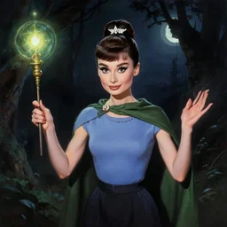 a druid casting a spell in the dark of night, inspired by audrey hepburn and kristen ritter, surreal matte painting, detailed portrait, deviantart artstation, by peter mohrbacher, by greg rutkowski
