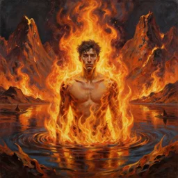 portrait of a man in a lake of fire, surrounded by burning mountains, oil on canvas trending on artstation