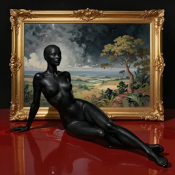 an all vantablack human, with no facial features, like a vantablack skin tight mask pulled over their face merges into their body, full body laying in a blood red pool of water between a golden mirror frame, outside is space and inside the mirror frame is a beautiful landscape., physically accurate, dynamic lighting, intricate, elegant, highly detailed, very very Roberto Ferri, sharp focus, illustration, art