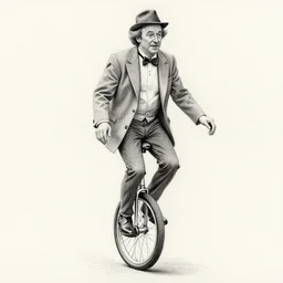 pencil sketch of barry chuckle riding a unicycle
