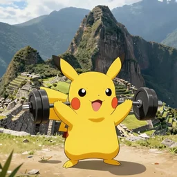 pikachu lifting weights at Machu Picchu
