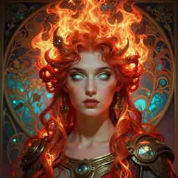 the greek goddess hestia, hair made of fire, steampunk, beautiful glowing eyes, volumetric lights, red and cyan theme, art nouveau botanicals, intricate, highly detailed, digital painting, artstation, concept art, smooth, sharp focus, cinematic, illustration, beautiful face, art by artgerm and greg rutkowski and alphonse mucha