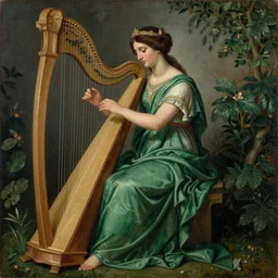 a painting of a beautiful greek goddess of nature playing the harp, ceuna circa 1 8 4 3, greek mythology, goddess, oil on canvas, intricate details, high quality, long green luxurious robe, dark hair, beautiful face, symmerty