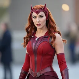 high quality photo of a cosplaying Gal Gadot as Scarlet Witch , photography 4k, f1.8 anamorphic, bokeh, 4k,
