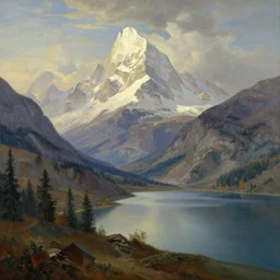 epic landscape with mountains an lake, in the style of Albert Bierstadt