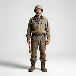 weathered archaeologist with brush, studio photography, full body, standing, isolated on a pure white background, centered, whole figure in frame, sharp focus, studio lighting