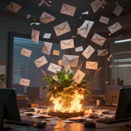 email icons falling out of a screen, office plant is on fire, dim volumetric lighting, 8 k octane beautifully detailed render, post - processing, extremely hyper - detailed, intricate, epic composition, giant emails natural disaster, cinematic lighting, masterpiece, trending on artstation, detailed detailed detailed, masterpiece, stunning art by anders zorn, wonderful masterpiece by greg rutkowski, beautiful cinematic light, american romanticism by greg manchess, jessica rossier