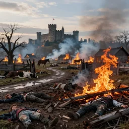 burning village in the background, highly detailed fire tendrils, dead bodies scattered in mud, body parts, castle in background, lost livestock and horses, foot paths, broken trees, broken fences, flying mud, debris, smoke, field, wet, dawn, partly cloudy, cold breath, hyper realistic, octane render, hyper detailed, cinematic, medium shot