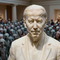 close up photo of highly detailed marble statue of joe biden in a museum with a large crowd of gray aliens observing, smiling, far future, 8 k, 1 5 0 mp,
