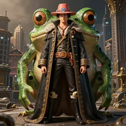 costume design made by onepiece, sophisticated composition, old masters light composition, procedurally generated, frogzilla creature, cityscape behind, substance designer, PBR, HD, Ultra detailed, hyperrealistic, megascans, volumetric light, concept by master artist, made in paint tool SAI2, trending pixiv face