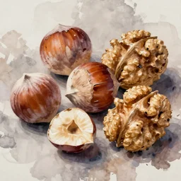 paint brush strokes, abstract watercolor painting of hazelnuts, walnuts, art by hans dahl, by jesper ejsing, art by anders zorn, wonderful masterpiece by greg rutkowski, cinematic light, american romanticism by greg manchess, creation by tyler edlin
