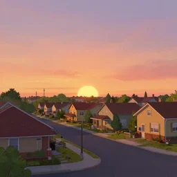 a neighborhood, semi - realistic cartoon art style, sunset