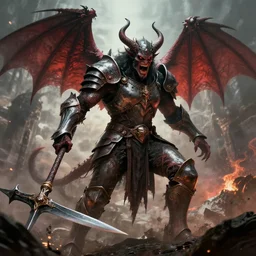 buff armored demon with scythe, bringer of doom and despair, epic composition, epic splashart, cinematic, wideshot, wrath, color palette of anger, depth of field, by greg rutkowski, peter mohrbacher, craig mullins. letterbox. film