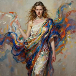 photo of hunter schafer in the style of stefan kostic, draped in flowing fabric, colorful impasto brush strokes, realistic, sharp focus, 8 k high definition, insanely detailed, intricate, elegant, art by stanley lau and artgerm