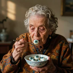 psychedelic granny eating a bowl of eyes, salviadroid