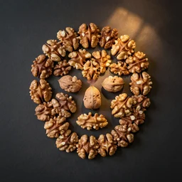 face made of walnuts, sharpfocus, photorealism, soft diffuse autumn lights, some sun light ray, dark room wall, canon 5 d 5 0 mm lens