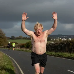 shirtless, hairy, boris johnson running marathon, hands in air