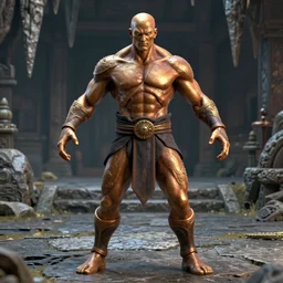 movie still mortal combat, goro character, 4 hand, four hand, four handed specie, two upper and two lower hands, bald with bronze skin, high detail, intricate, stand on stone floor under cove stalactites