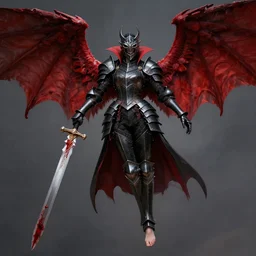 female vampire knight, flying, barefoot, black plate armor, realistic armor, monstrous mask, giant two - handed sword dripping blood, red wings, grinning, barefeet, detailed, reasonable fantasy.