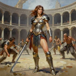 A mixed media painting of a beautiful woman warrior in a coliseum, gladiator armor, very aesthetic, curvy, detailed face and eyes, by Frank Frazetta, Boris Vallejo, Greg Rutkowski, Beeple, Yoko Taro, Christian MacNevin, epic fantasy character art, viking runes, high fantasy, CGsociety, full length, exquisite detail, post-processing, masterpiece, cinematic, coliseum backdrop