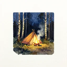 small centered on white watercolor paper, paint brush strokes, abstract watercolor painting of scandinavian hunter tent camp, smoking log fire, birch tree forest, nightfall sharp light, cinematic light, american romanticism by hans dahl, by jesper ejsing, by anders zorn, by greg rutkowski, by greg manchess, by tyler edlin