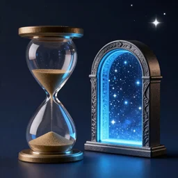 A sandglass in the starry sky with a magic portal next to it