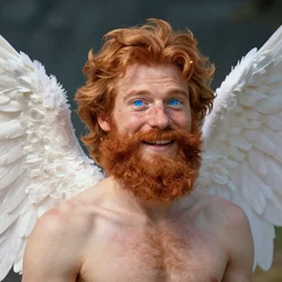 blue eyed bearded ginger male angel smiling and glowing, photorealistic