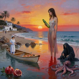 painting of sunrise, a flooded spanish art gallery in marbella beach, death, a tall emo girl, holding a courgette, tapas, rocks by the sea, island, surgical equipment and nurse, canoe, pomegranates, floodwaters, squid ink, the grim reaper, octopus, sensual, north africa, puddles of red, zen, surrealist, by magritte and monet