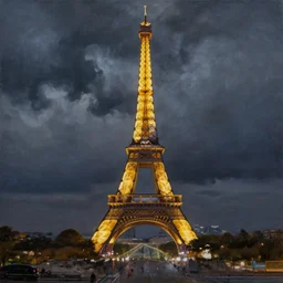 an oil painting of the eiffel tower on a dark stormy evening utilizing volumetric lighting