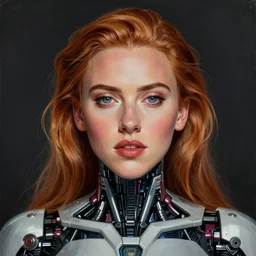 drawing of female cyborg of young scarlet johansson by kim jung gi and james jean, front view, symmetrical face