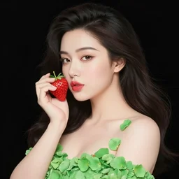 the portrait of an absurdly beautiful, graceful, elegant, curvy woman made of strawberries and green petals, an ultrafine hyperdetailed illustration by kim jung gi, irakli nadar, intricate linework, bright colors, octopath traveler, final fantasy, angular, unreal engine 5 highly rendered, global illumination, radiant light, detailed and intricate environment