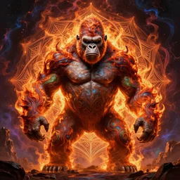 gigantic gorilla of evil cosmic flames, perfect symmetry, mandala, fantasy painting, ultra realistic, wide angle, art nouveau, intricate details, digital painting, rainbowshift, vivid colors, highly detailed by peter mohrbacher, h. r. giger, maxfield parrish, craig mullins, octane render, cgi