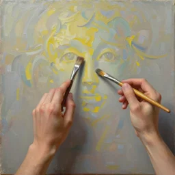 two Artificial Intelligence fighting with brushes on a canvas to create the most beautiful painting ever, oil painting, digital art, trending on artstation, highly detailed, 8k,