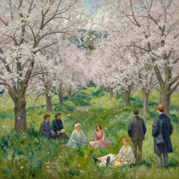 a valley with trees in flower. on first plan wind blow petals toward us. full - length, oil painting in a modern style, very detailed, painted by caravaggio, greg rutkowski, sachin teng, thomas kindkade, alphonse mucha, norman rockwell, tom bagshaw.