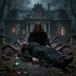 in front of a dark estate lies a body in a mage's robe, an empty flask lies nearby, tentacles burst out of the body, peter mohrbacher style, ray tracing, octane render, cinematic, digital art, realistic, high quality, 8 k