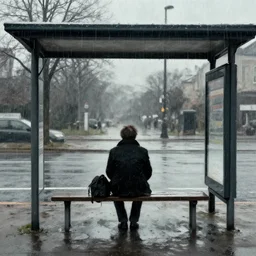 lonely man waiting at the bus stop on moody weather, saul steinberg