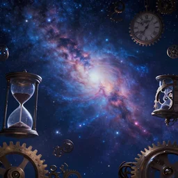 whatever, fantasy artwork, very beautiful scenery, the sky is made up of cosmic stars, there are hourglasses and gears and clocks in the sky, fantasy artwork, very beautiful scenery, hd, hdr, ue 5, ue 6, unreal engine 5, cinematic 4 k wallpaper, 8 k, ultra detailed, by popular digital artist,