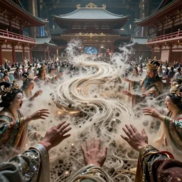 feedback loop , burst of powders ,detailed entangled fibres ,volumetric lighting, twisting vapour, bellowing dust ,flowing shimmering fabrics, emerging hands and an ancient male bearded face , inside a huge traditional Japanese Royal ornate temple , Hundreds of humans , feedback loop , burst of powders ,volumetric lighting, twisting vapour, bellowing dust , emerging hands and beautiful women’s screaming face , full colour , upscale , 4k