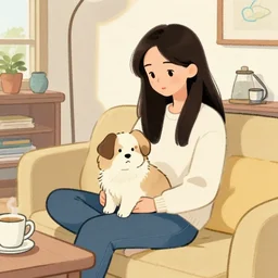 a beautiful girl with a cute dog on her lap in a cozy living room. a drawing by herge