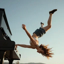 girl falling from the sky and playing the piano