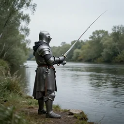 a knight fishing with his sword near a river, photorealistic,