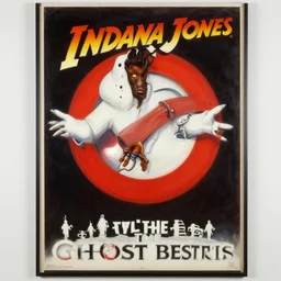 science fiction 1 9 8 6 poster for indiana jones and the ghostbusters. oil on canvas. print.