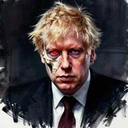 dramatic digital drawing of boris johnson as the terminator (1984), one eye is red and glowing, half face skeleton, cinematic lighting