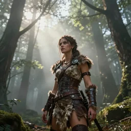Establishing shot, dramatic volumetric sunlight foggy atmospheric forest canopy scenery, girl with long incisor-fangs clad in modest hide leather armor, hyperdetailed, artstation, cgsociety, 8k