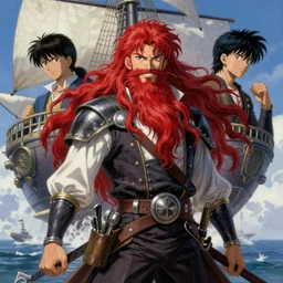 prompt : ragnarok online portrait soft light painted by james jean and katsuhiro otomo and erik jones, inspired by akira anime, epic fantasy, a long red haired, red bearded male sky - pirate smiling and standing in front of an airship, intricate oil painting, high detail illustration, sharp high detail, manga and anime 1 9 9 9