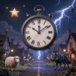 clock floating in the sky, stars with human teeth, sheep amd evil wolf in picturesque town square, claws coming off the road, midnight scene, detailed, 3 d, intricate details, gothic, by vincent di fate, artgerm, smooth gradients, octane render, 8 k, volumetric lightning, high contrast, depth of field