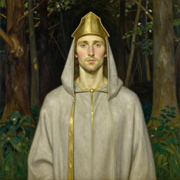 A Frontal portrait of an eleven druid among the trees. A painting by Norman Rockwell.
