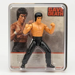 Bruce lee fighting figure toy, game of death, vintage plastic, photographic, inside a package with transparent plastic and paper