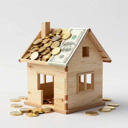 a partly constructed house, made of money, coins, notes, gold